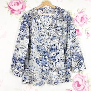 Joie Blue Gray Geometric Square Pixel Print V Neck Blouse M
